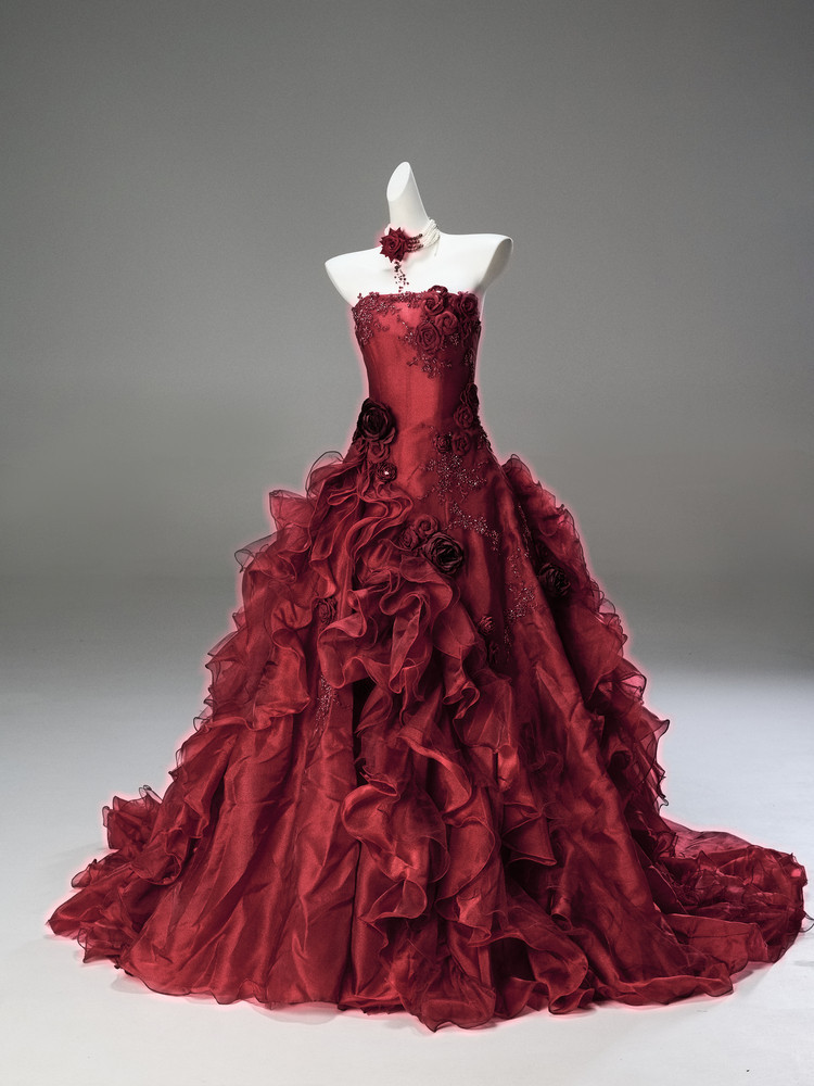 受注制作 ドレス ワインレッド 花 綺麗 プリンセス 豪華 上品 演奏会 誕生日 成人式 ロングドレス CQ011