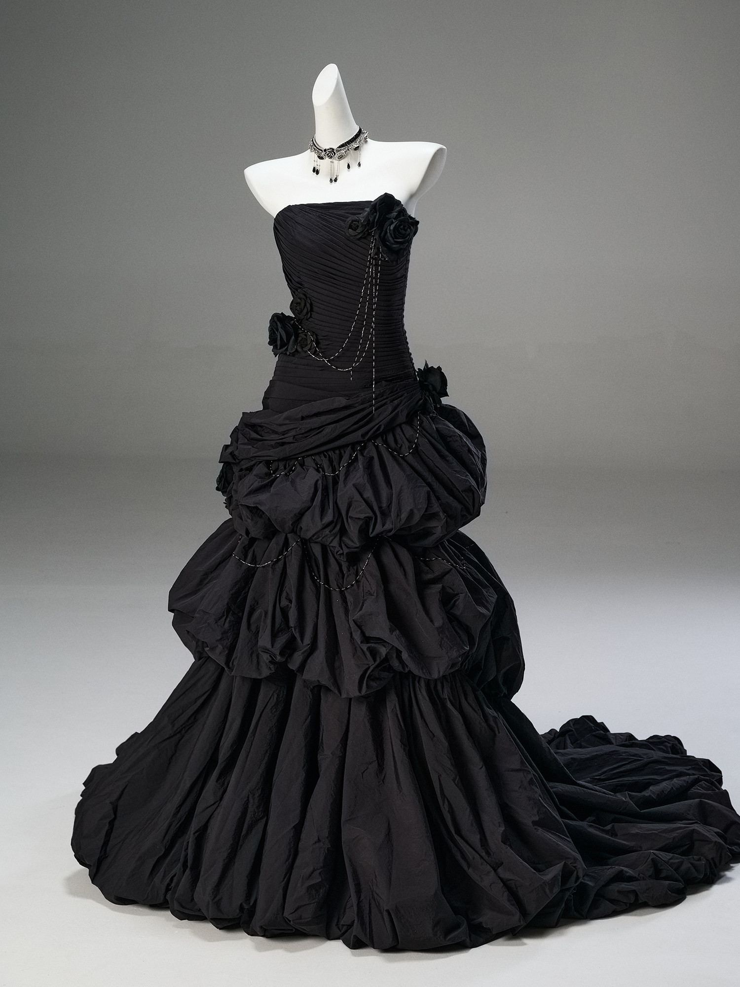 受注制作 ドレス 黒 ブラック 花 綺麗 プリンセス 豪華 上品 演奏会 誕生日 成人式 ロングドレス CQ012