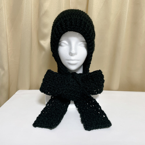 フード付きマフラー ブラック 黒色 編み物 バラボネット バラクラバ