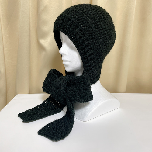 フード付きマフラー ブラック 黒色 編み物 バラボネット バラクラバ