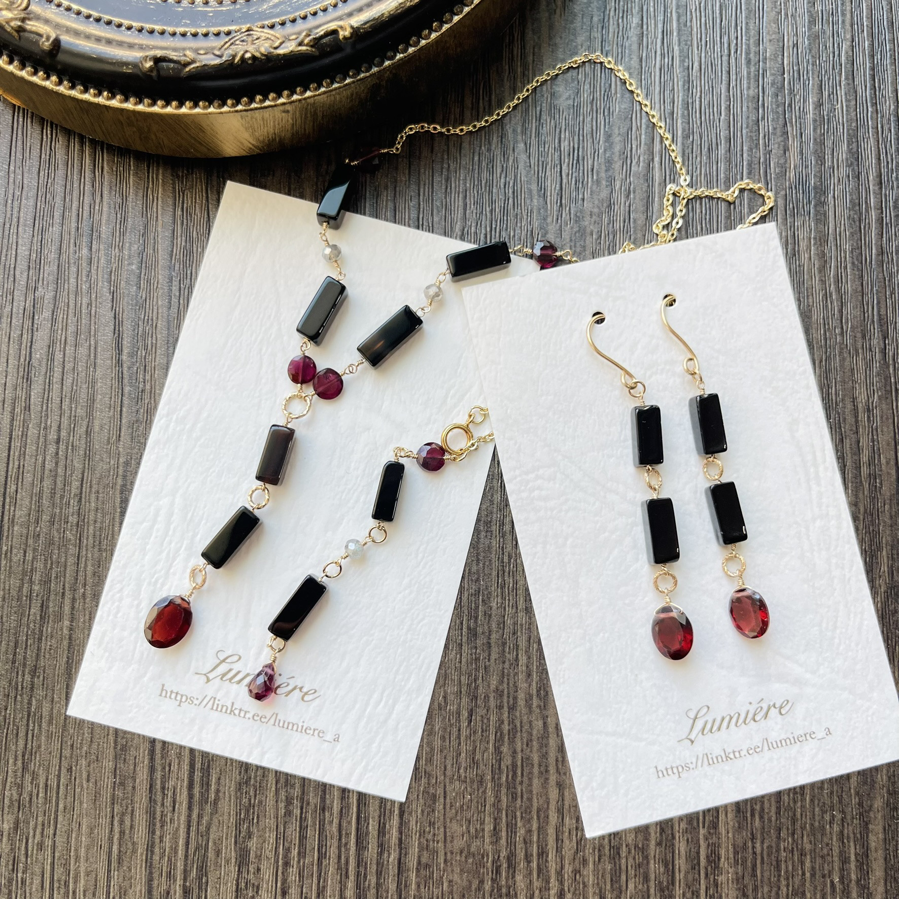 14kgf＊ガーネット&レクタングルオニキスのピアス&ネックレスセット