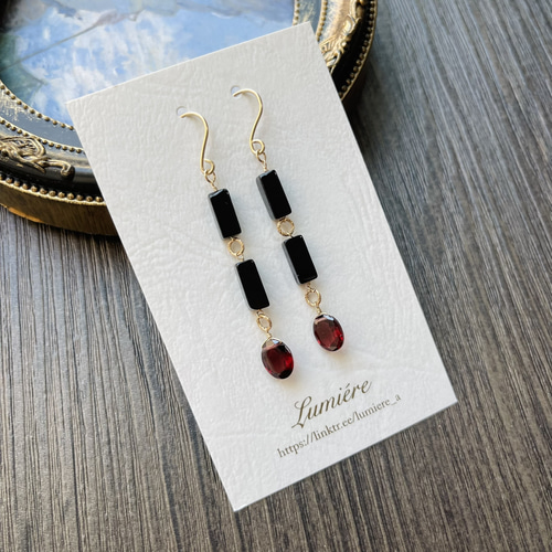 14kgf＊ガーネット&レクタングルオニキスのピアス&ネックレスセット
