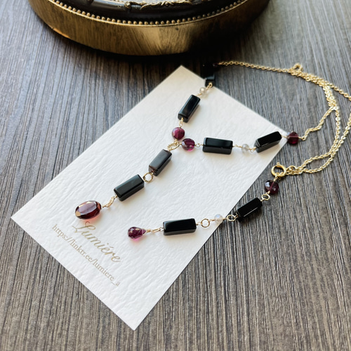 14kgf＊ガーネット&レクタングルオニキスのピアス&ネックレスセット