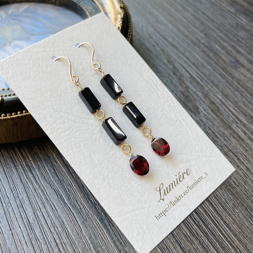 14kgf＊ガーネット&レクタングルオニキスのピアス&ネックレスセット