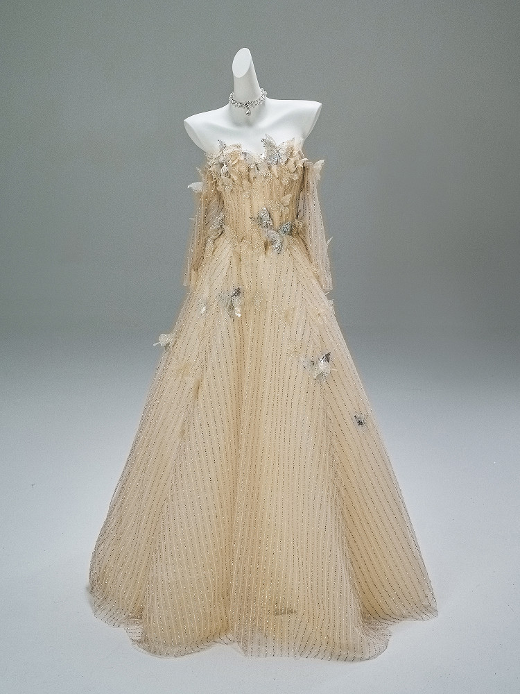 受注制作 ドレス シャンパン色 ゴールド 蝶 上品 綺麗 豪華 プリンセス 演奏会 成人式 ロング CQ026