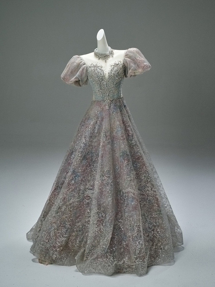 受注制作 ドレス パフスリーブ 半袖 Aライン 上品 綺麗 豪華 プリンセス 演奏会 成人式 ロング CQ035