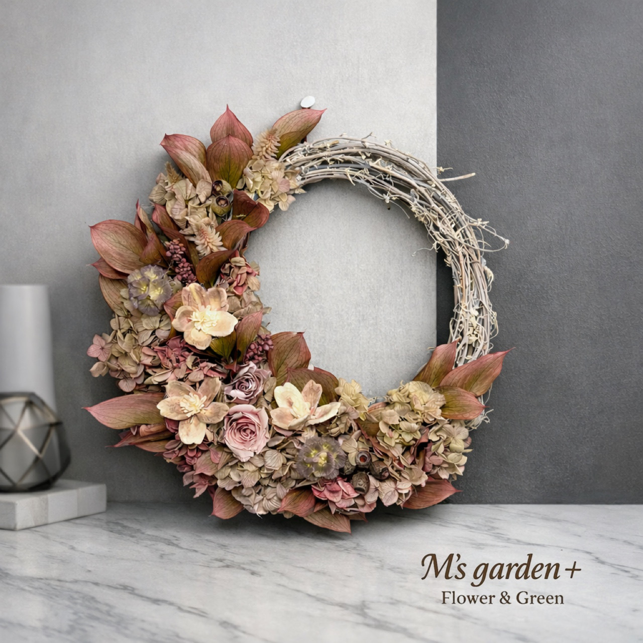 【さくら咲く　くすみピンクのリース】ソラフラワーの桜にくすみピンクを集めた大人可愛い春色リース