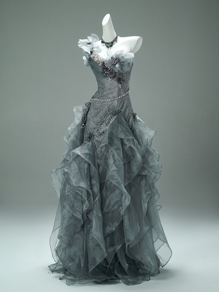 受注制作 ドレス 暗い青緑グレー vintage 上品 綺麗 豪華 プリンセス 演奏会 成人式 ロング CQ040