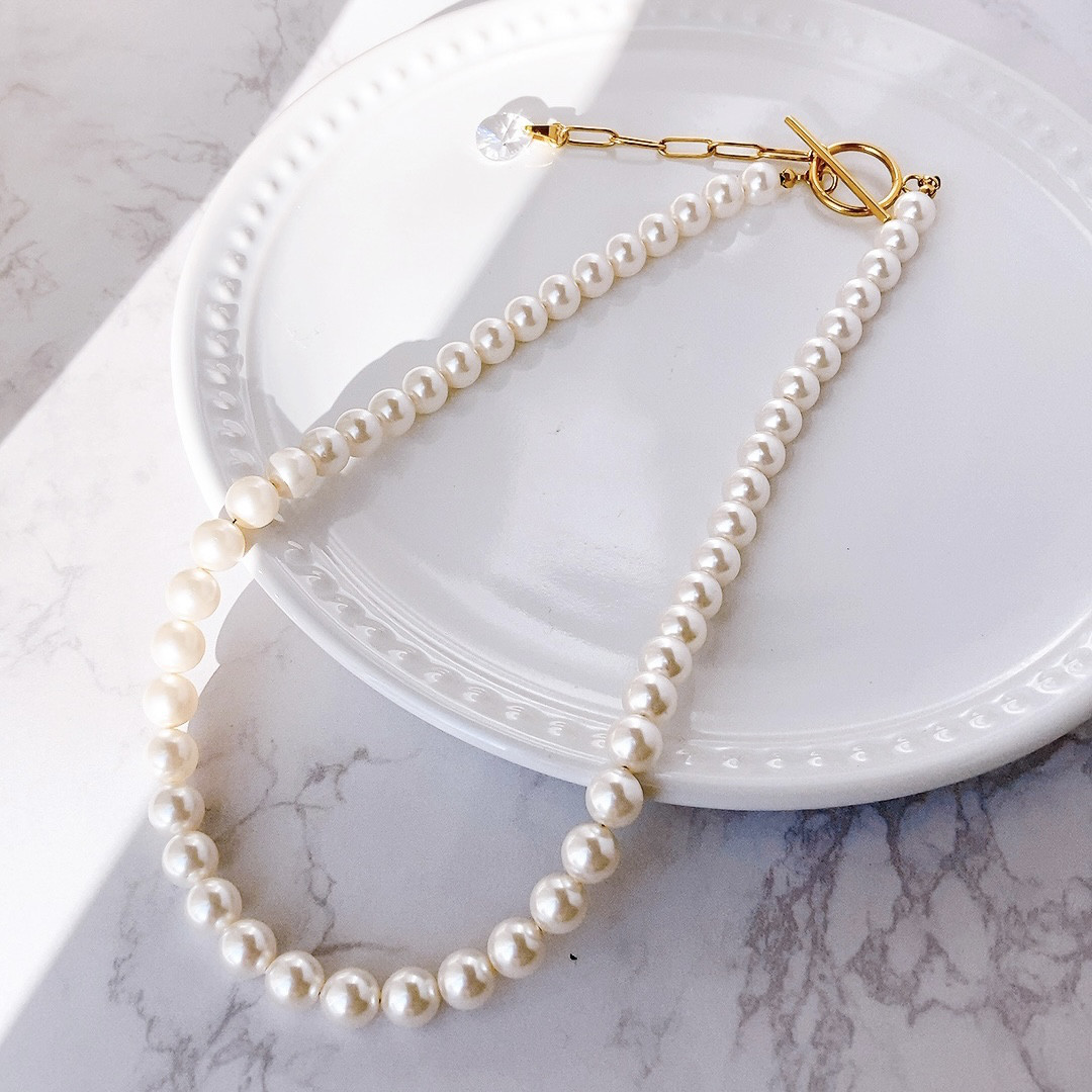 【アレンジ可】卒業入学　セレモニーに。クリスタルパールのマンテルネックレス｜サージカルステンレス・金属アレルギー対応