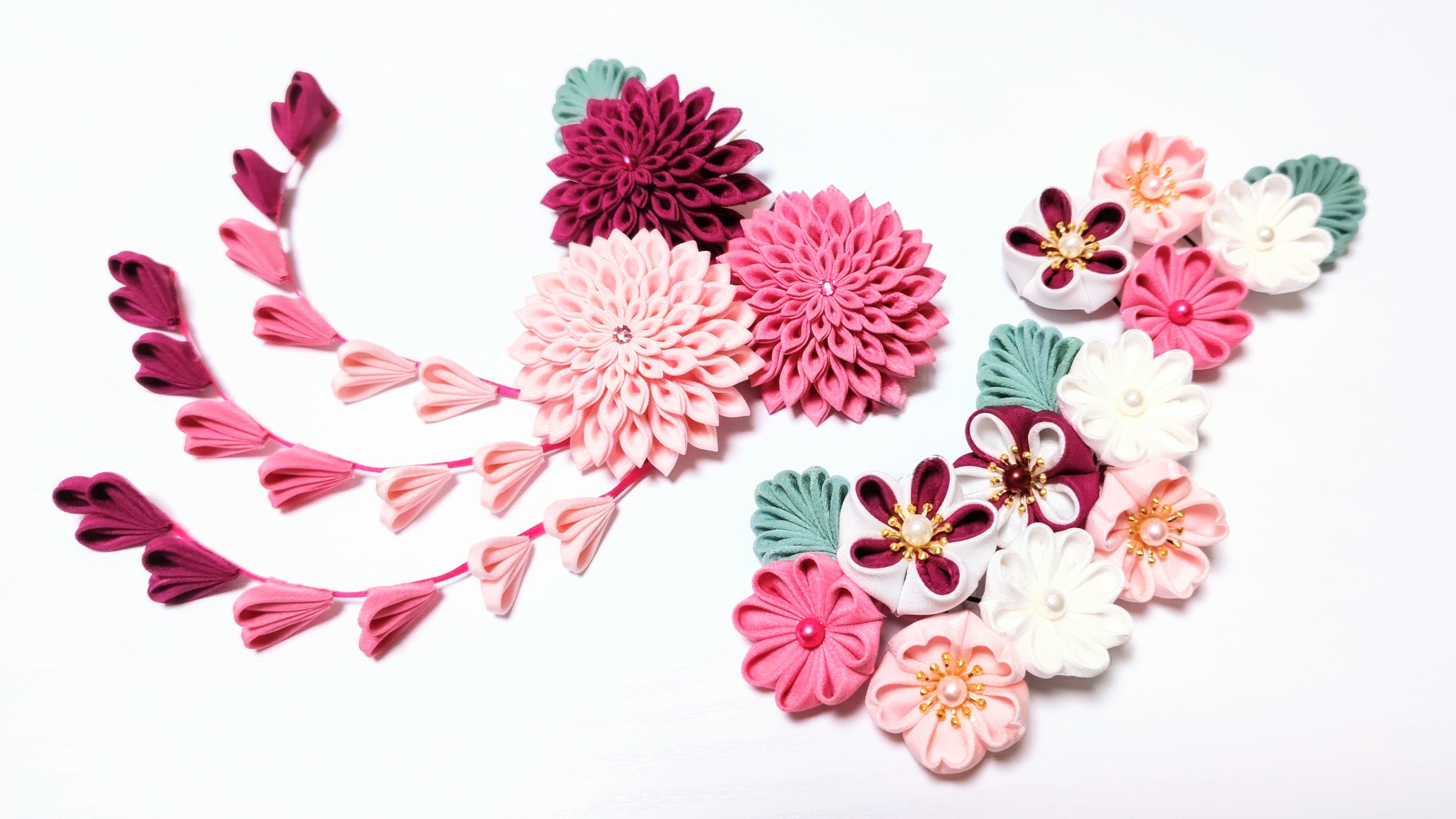 つまみ細工の髪飾り 11点セット【ピンク･赤紫･白】 9,230円