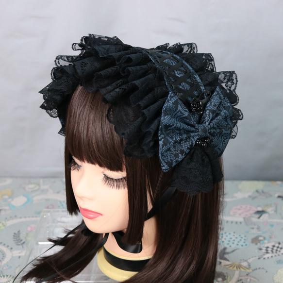 ロリータ ブラウス ヘアバンド 3点セット 大きめサイズ 黒ベース 蒼露×ブラック ヘッドドレス ロリータ ゴスロリ 和ロリ ヘッドドレス
