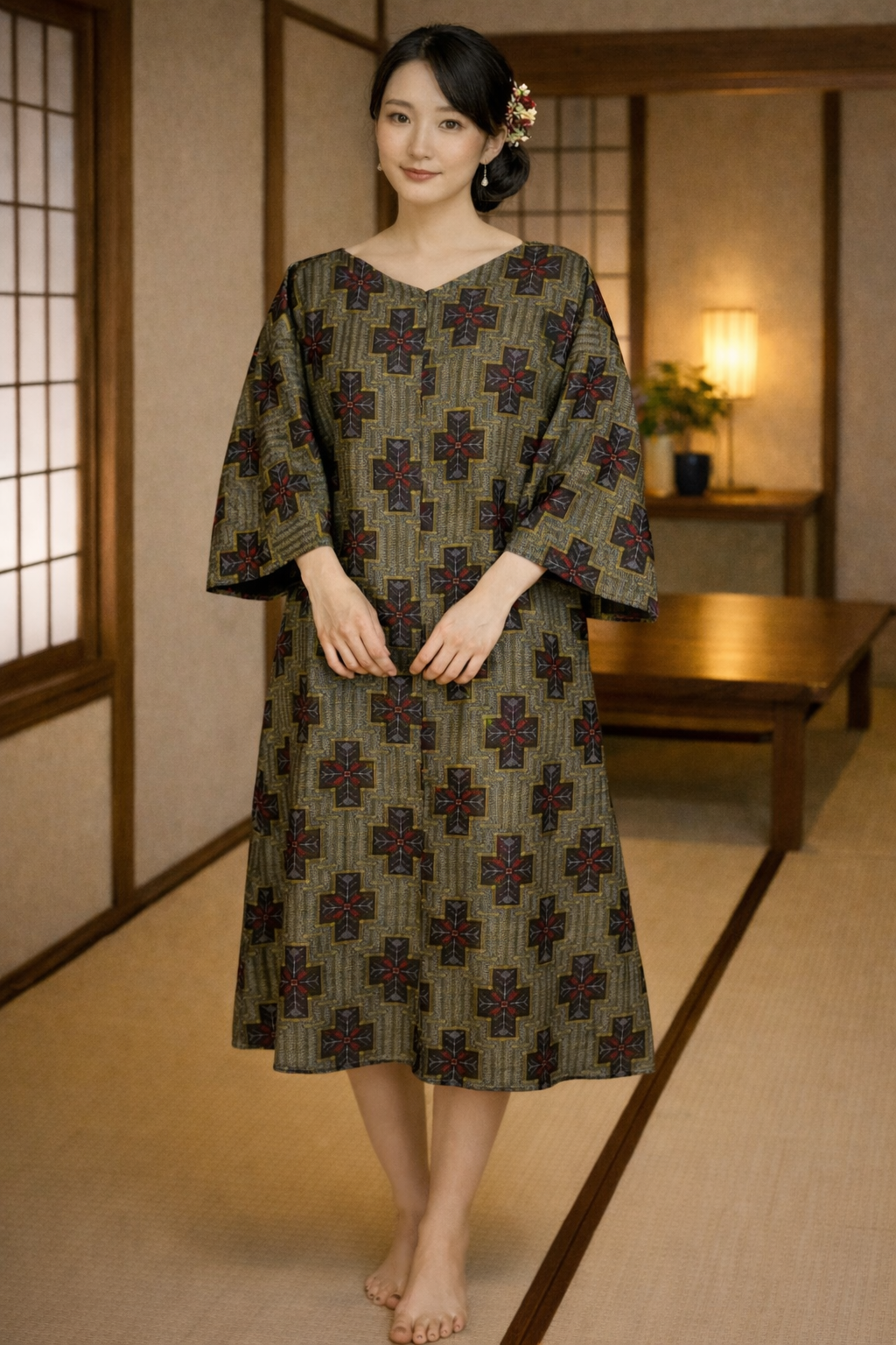 大島紬　着物リメイクワンピース　ゆったり　Ｌサイズ