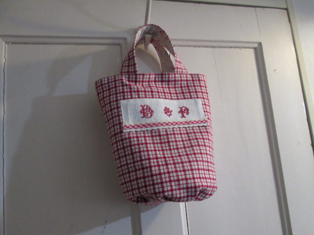 SacSeau　ドイツアンティーク手織りチェックリネンとフレンチヴィンテージファブリックの丸底手提げトートバッグ