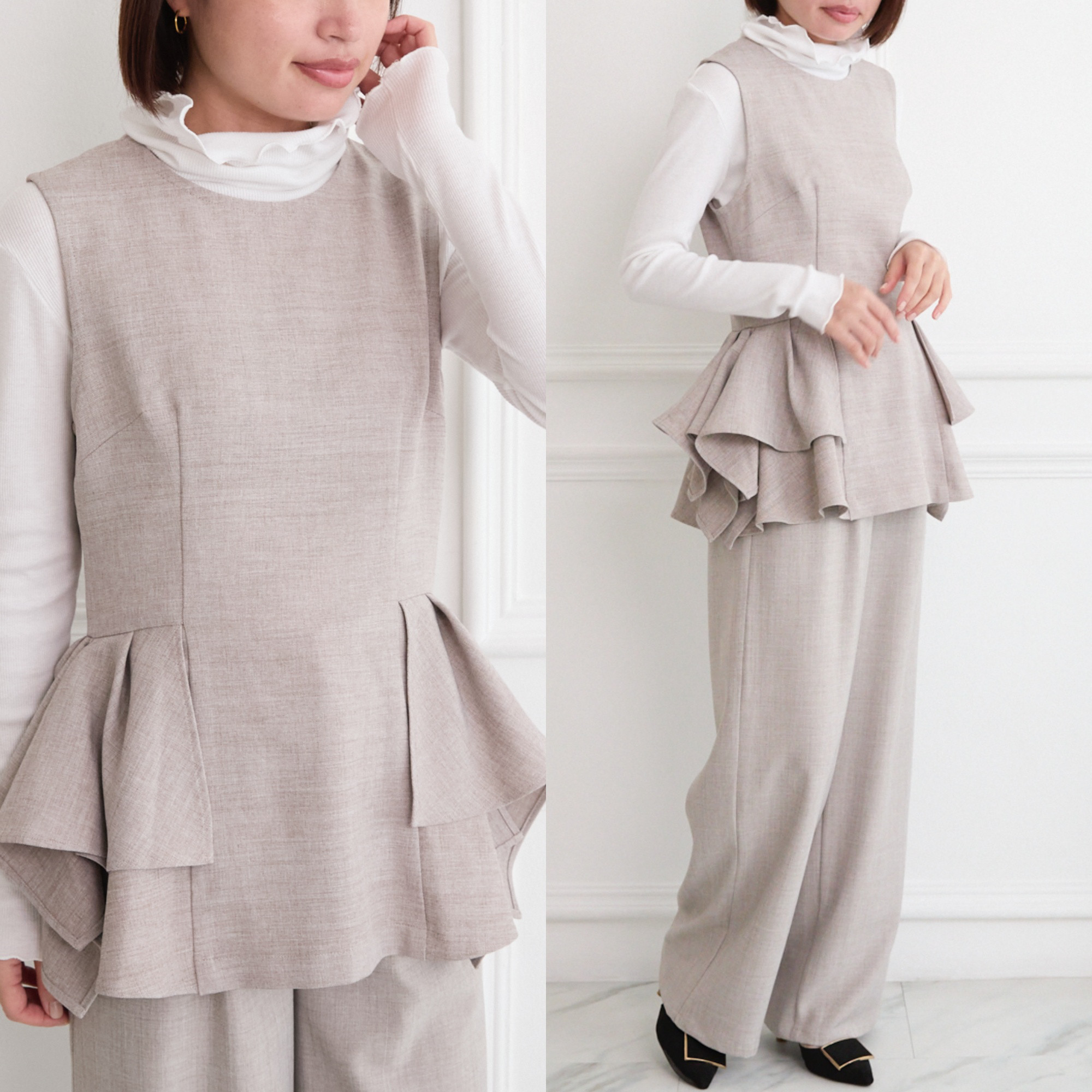 【セットアップ】サラサラ素材✨1年中着まわせる タックフレアラッフルと美脚パンツ セット ベージュ