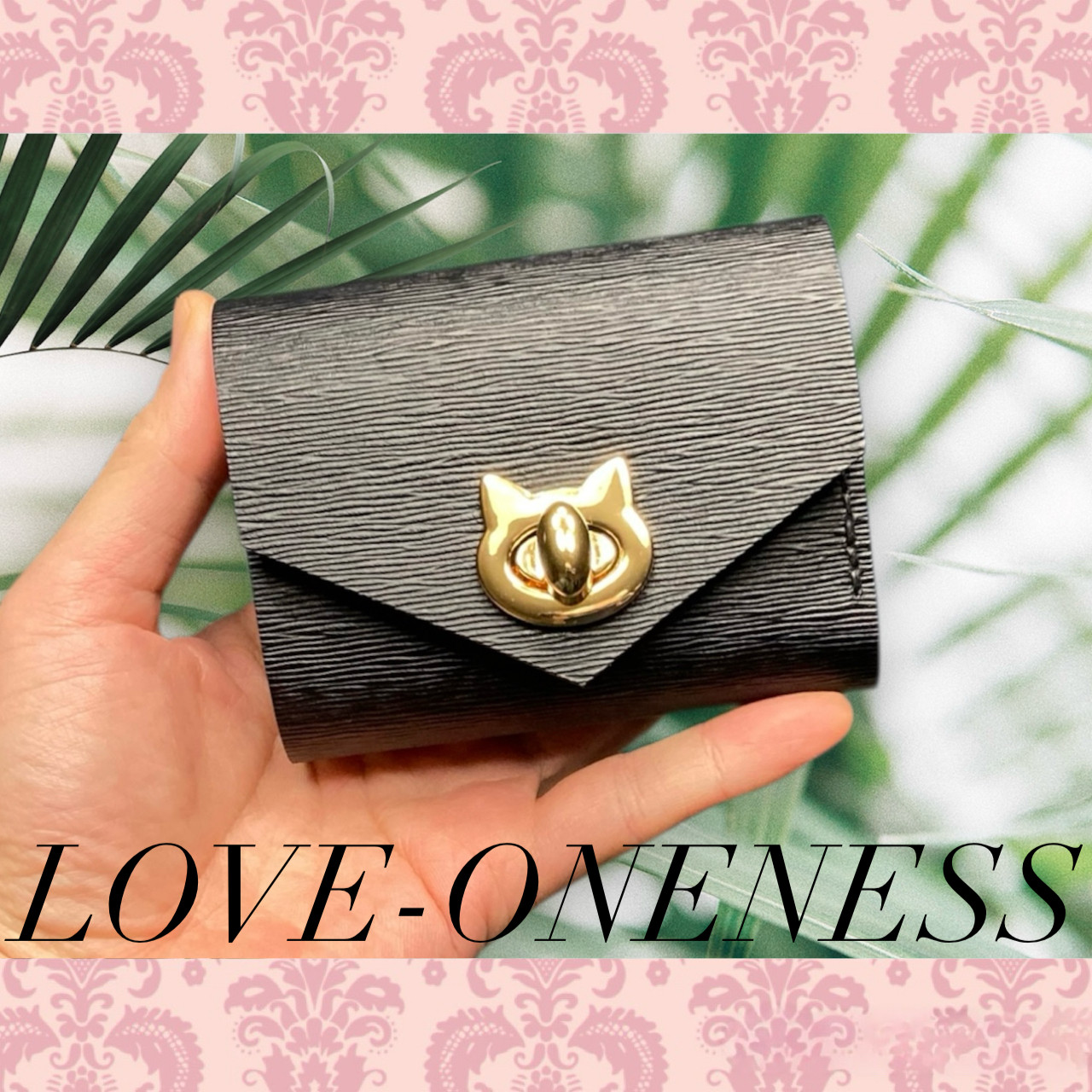 ❤【新色♪】【可愛さ×高級感♪】お洒落可愛い猫モチーフの総本革コンパクトミニ財布♪黒猫 上品 綺麗な水シボ 手の平サイズ