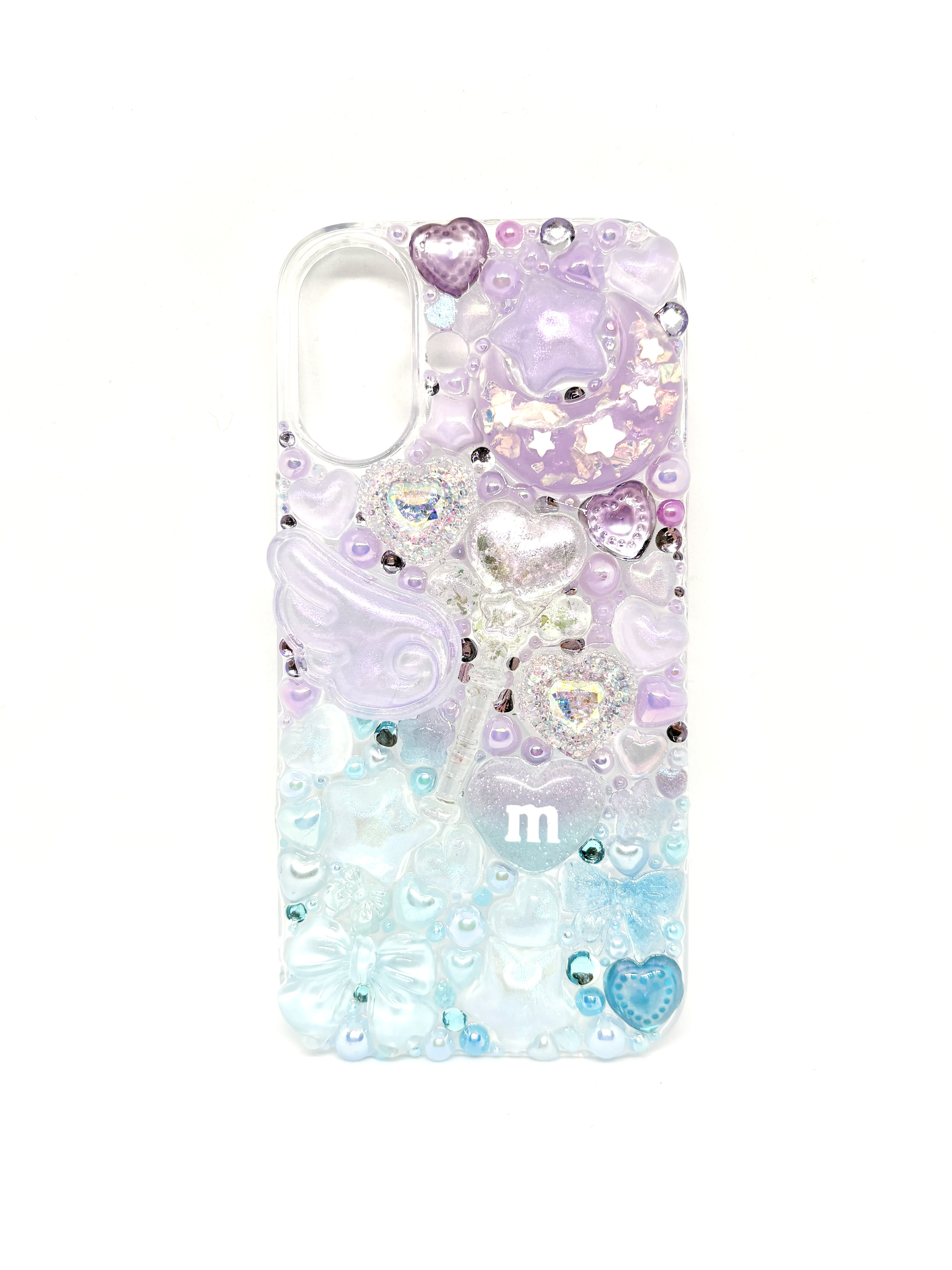 【iPhone 16用】パープル×アクアブルー グラデーションハートステッキデコスマホケース♡