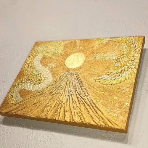 純金箔絵画 原画一点物◎黄金絵画 純金箔の太陽と金富士＊龍と鳳凰が舞うアート