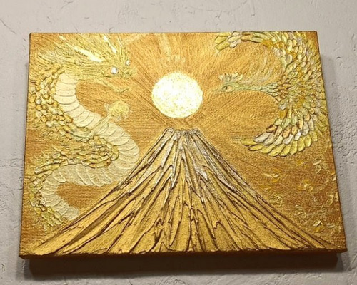 原画一点物◎黄金絵画 純金箔の太陽と金富士＊龍と鳳凰が舞うアート