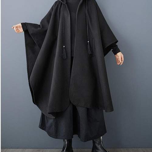 新品 大きいサイズ ゆったり ケープコート ポンチョ フード 黒 秋冬