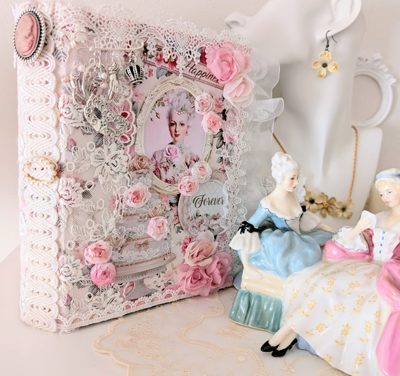 アンティーク ロココリボン 手描きピンクローズ アンティークロココの