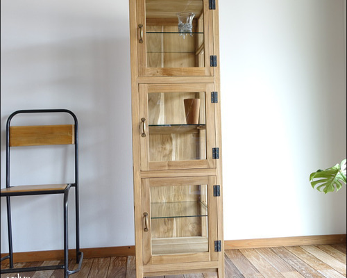 チーク無垢材 ガラスパンケース三枚扉N ショーケース 陳列ケ－ス