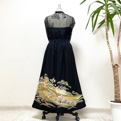 大人可愛いセレブ着物スカートフリーサイズ黒留袖着物リメイクウエスト