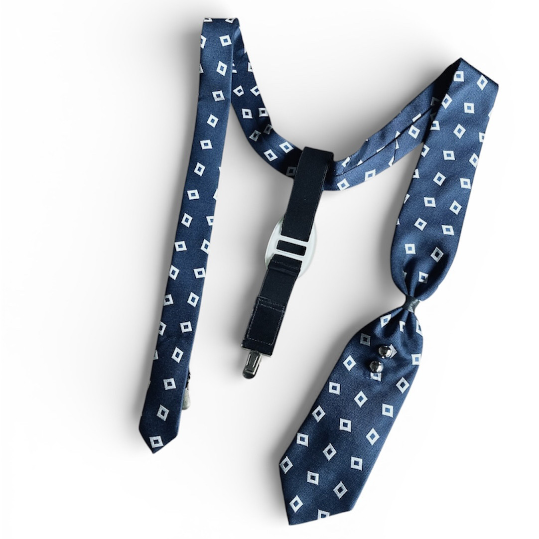 シルクネクタイリメイク サスペンダー｜ネイビー四角柄【1点物】 5,372円