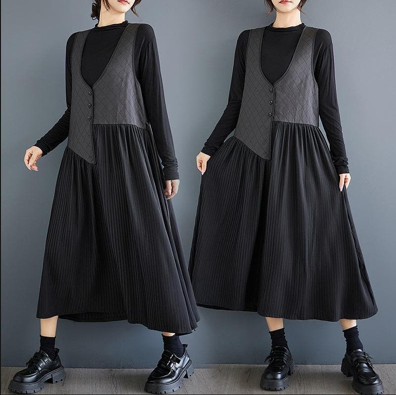 大きいサイズ　ワンピース　レイヤード　レディース 異素材　秋冬　春 長袖