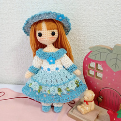 着せかえ付き5点セットあみぐるみ★ワンピースの女の子★ ✿水色ワンピースの女の子 着せ替えあみぐるみ あみぐるみ Karin