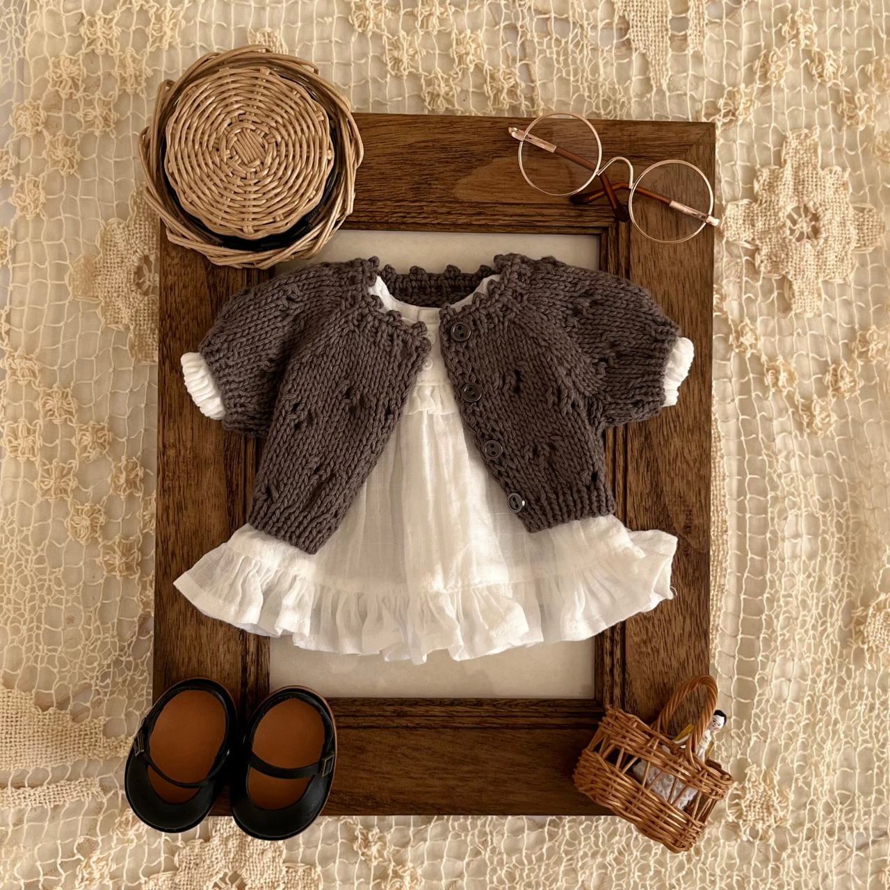 ぬいぐるみ用　コットンのアイレットのセーター（ミストチャコール）