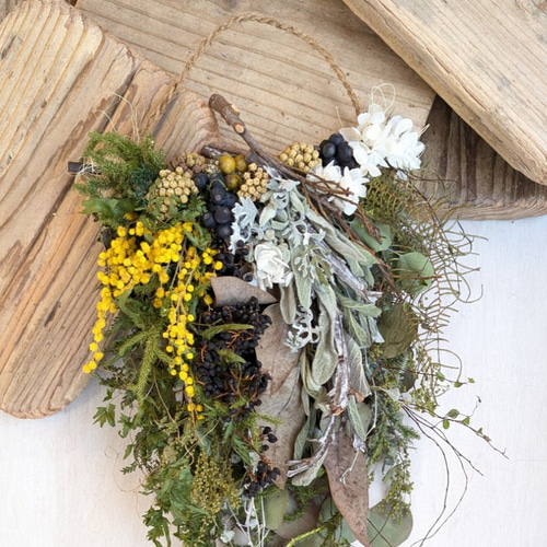 グリーンたっぷりミモザ春のシックナチュラルドライフラワー