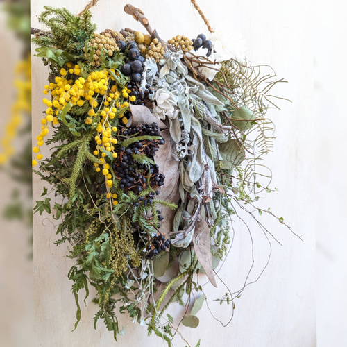 グリーンたっぷりミモザ春のシックナチュラルドライフラワー