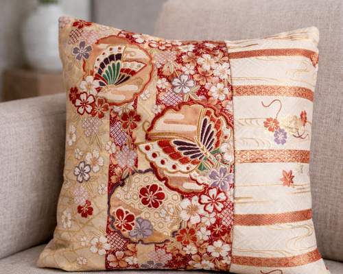 帯リメイク クッションカバー｜蝶と桜文様｜45×45cm｜日本の