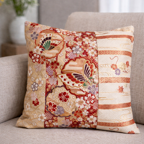 帯リメイク クッションカバー｜蝶と桜文様｜45×45cm｜日本の