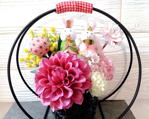 ひなまつり お雛様 ひな人形 フラワーアレンジ 桜 ミモザ ウサギ