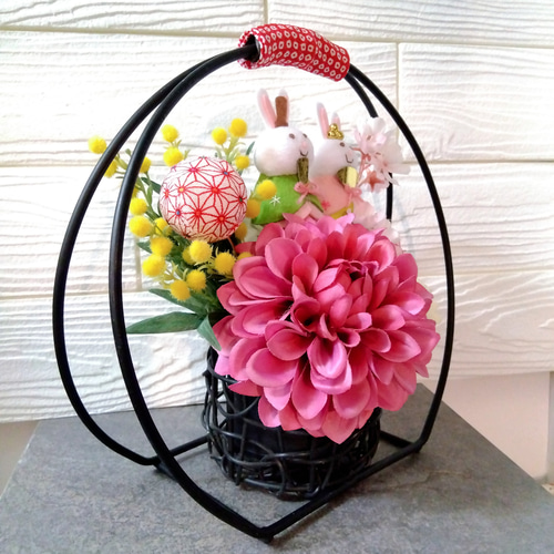 ひなまつり お雛様 ひな人形 フラワーアレンジ 桜 ミモザ ウサギ