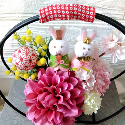 ひなまつり お雛様 ひな人形 フラワーアレンジ 桜 ミモザ ウサギ