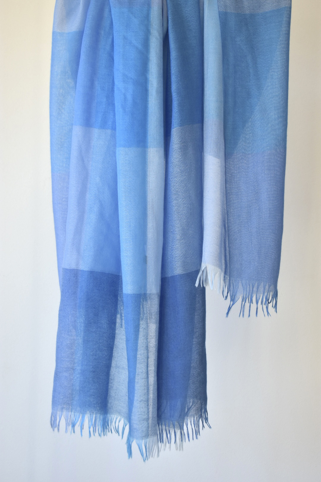 シルクカシミヤ　ブロックチェックストール　ブルー