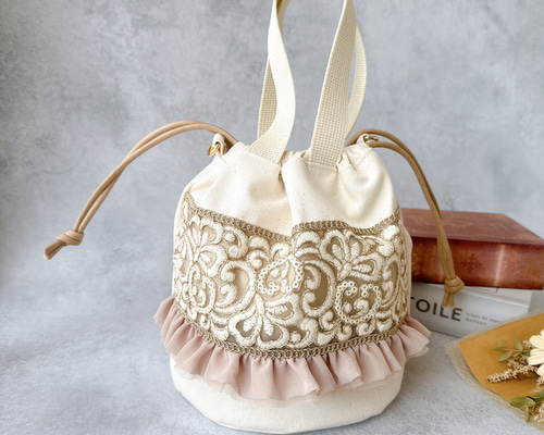 インド刺繍リボン】ハンドメイド 巾着 丸底 トートバック トートバッグ