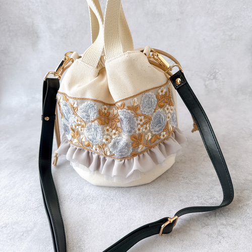 インド刺繍リボン】ハンドメイド 巾着 丸底 トートバック トートバッグ