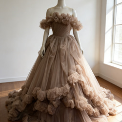 カラードレス ブラウン オフショルダー ボリュームドレス 編み上げ