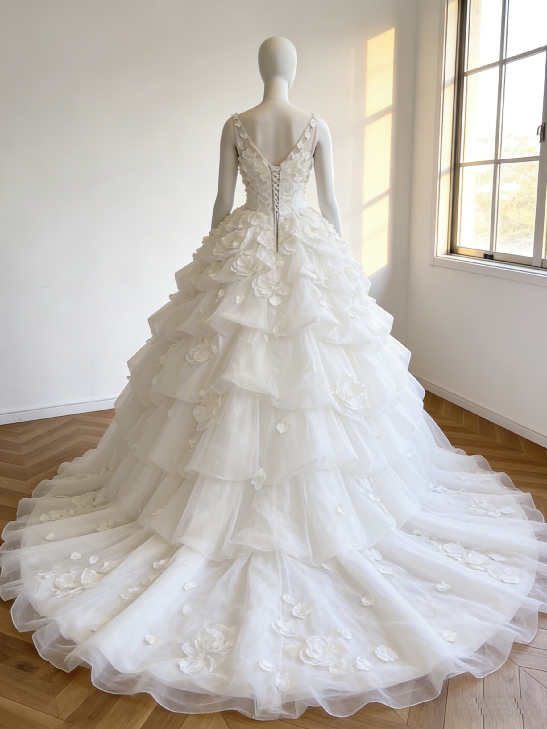 ウエディングドレス  オフホワイト 花モチーフ   編み上げ  キャミソール  華やかなトレーン  ブライダル