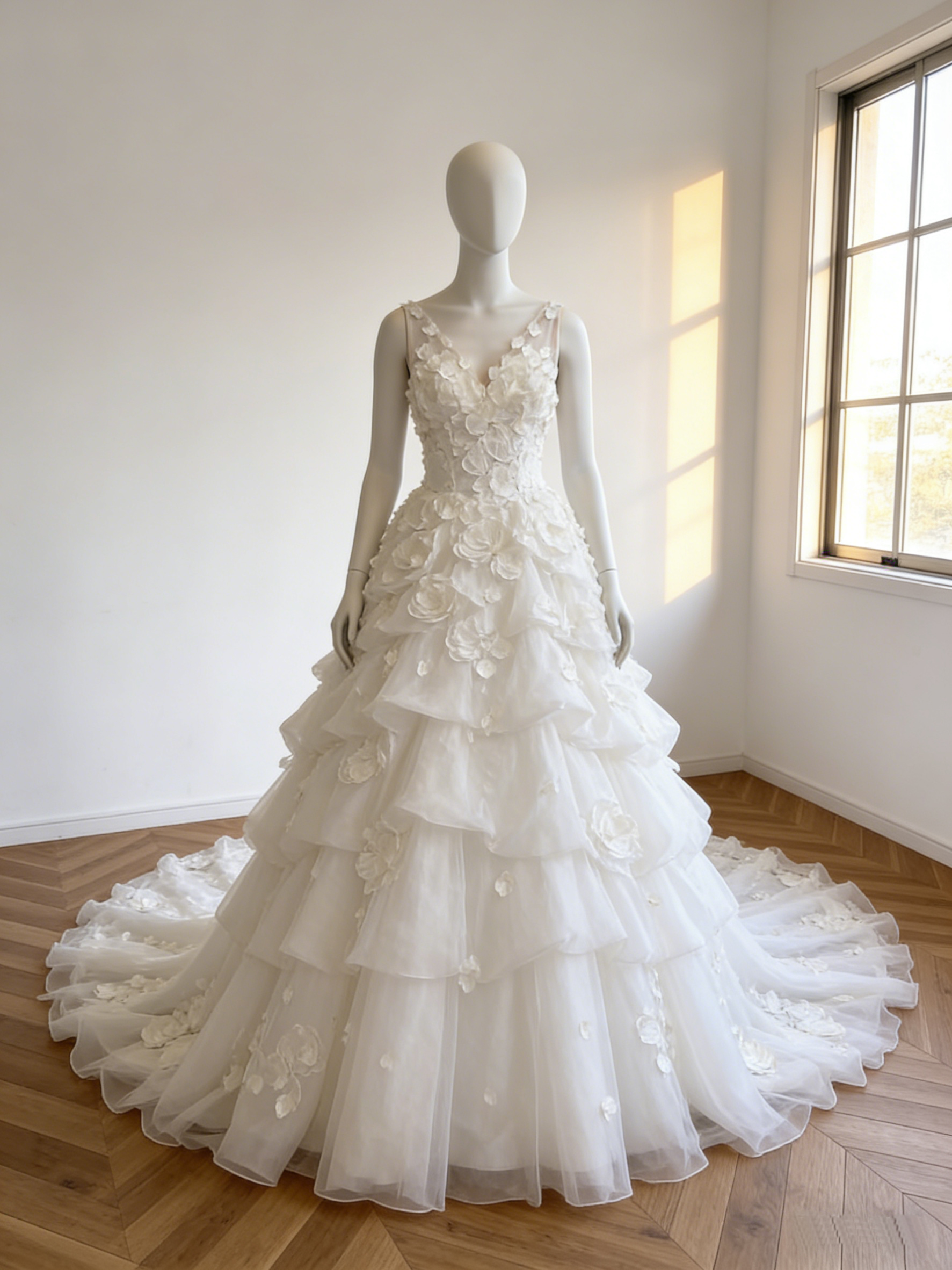 ウエディングドレス  オフホワイト 花モチーフ   編み上げ  キャミソール  華やかなトレーン  ブライダル