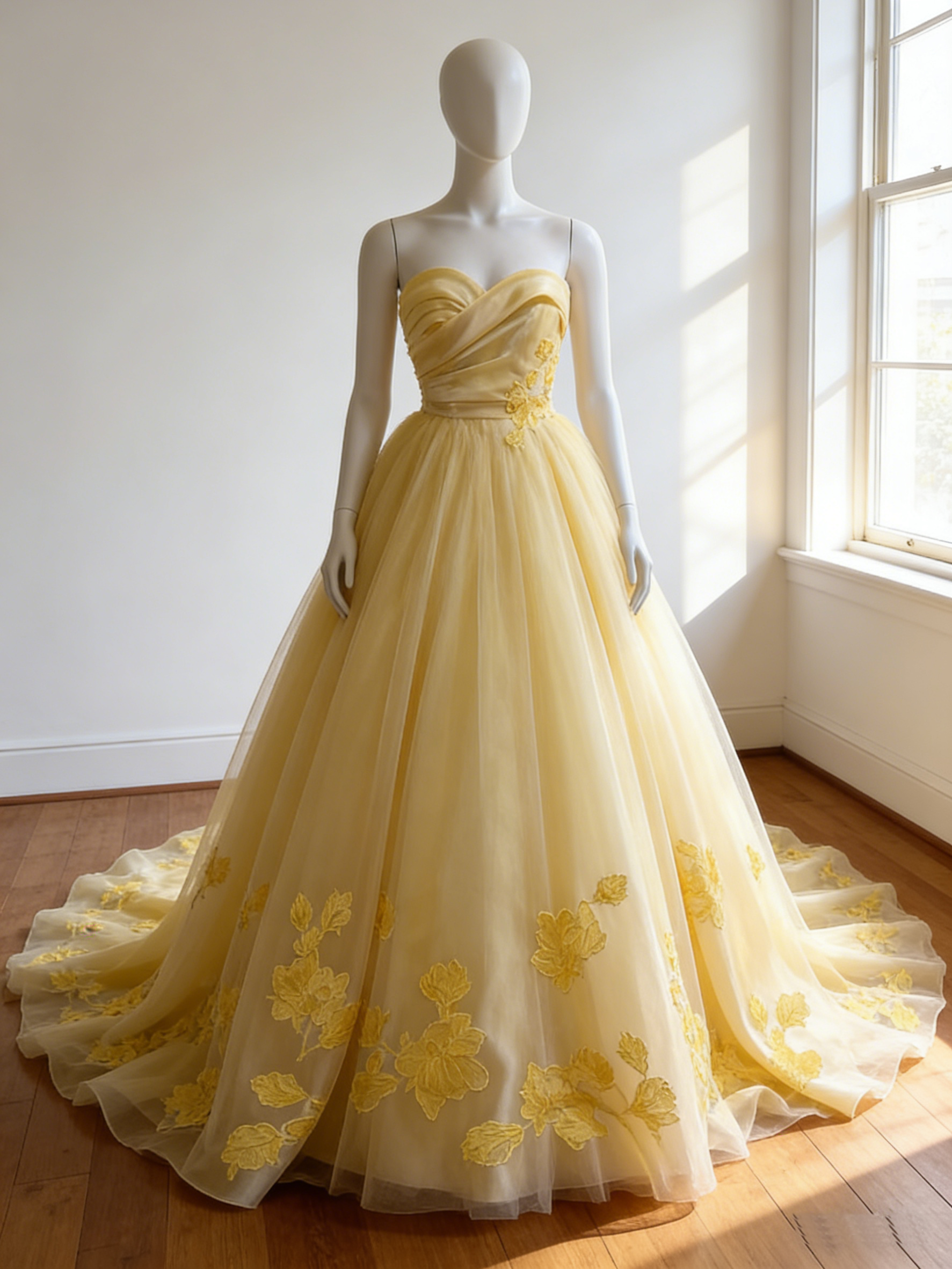 カラードレス パステルイエロー 花柄モチーフで刺繍が美しい ファスナー  華やかなトレーン   ビスチェドレス  花嫁