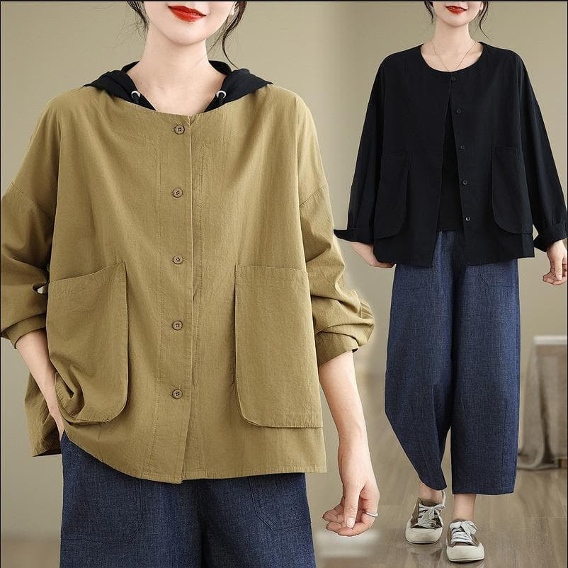 大きいサイズ 重ね着風　シャツ　パーカー　レディース 秋冬　春 長袖　フード