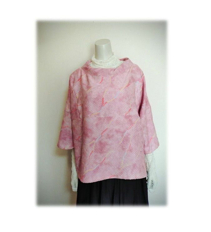 1２4　1点物　リップル羽織リメイク　プルオーバーブラウス　３シーズン　ツイスト衿　リラックス　ピンク