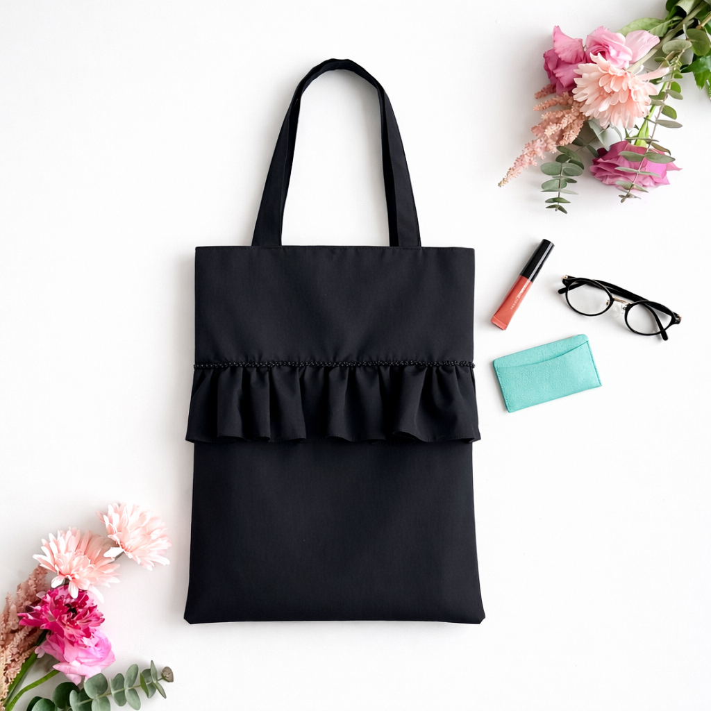 式典にも◎撥水加工・軽量・フリルトートバッグ（black）【受注生産】