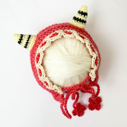 節分ベビーボンネット☆新生児～2歳サイズ 赤鬼 ツノ 手編み 帽子