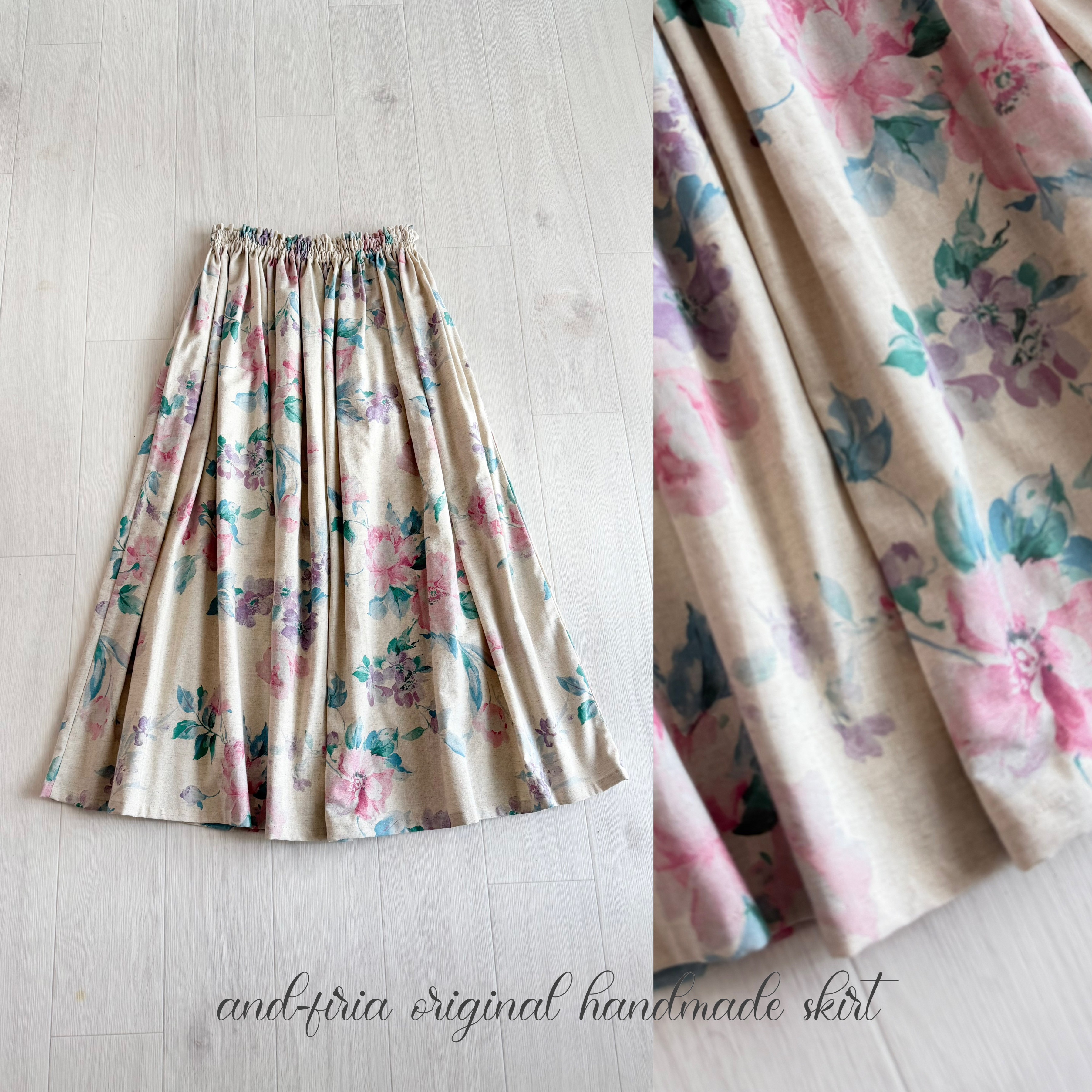 ラスト1着♪丈85㎝のみ！大人が着れる♪優しいアンティークローズの綿麻ギャザースカート 数量限定