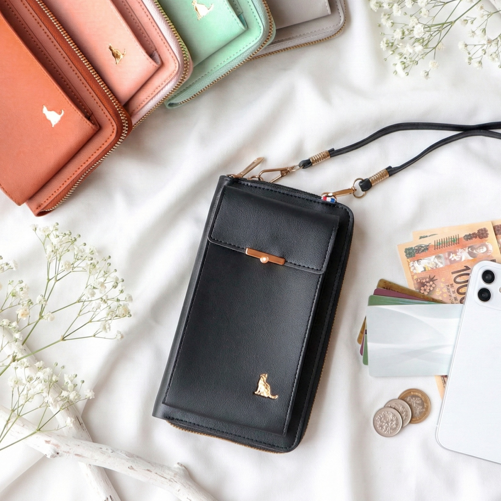 お財布×スマホショルダー パールで上品見え 通勤旅行に便利 猫 ねこ 黒 ブラック